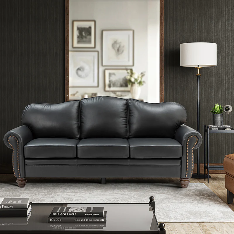 Flavio 81″ Genuine Leather Sofa – Vintage Glam Mid-Century Design - Image 18