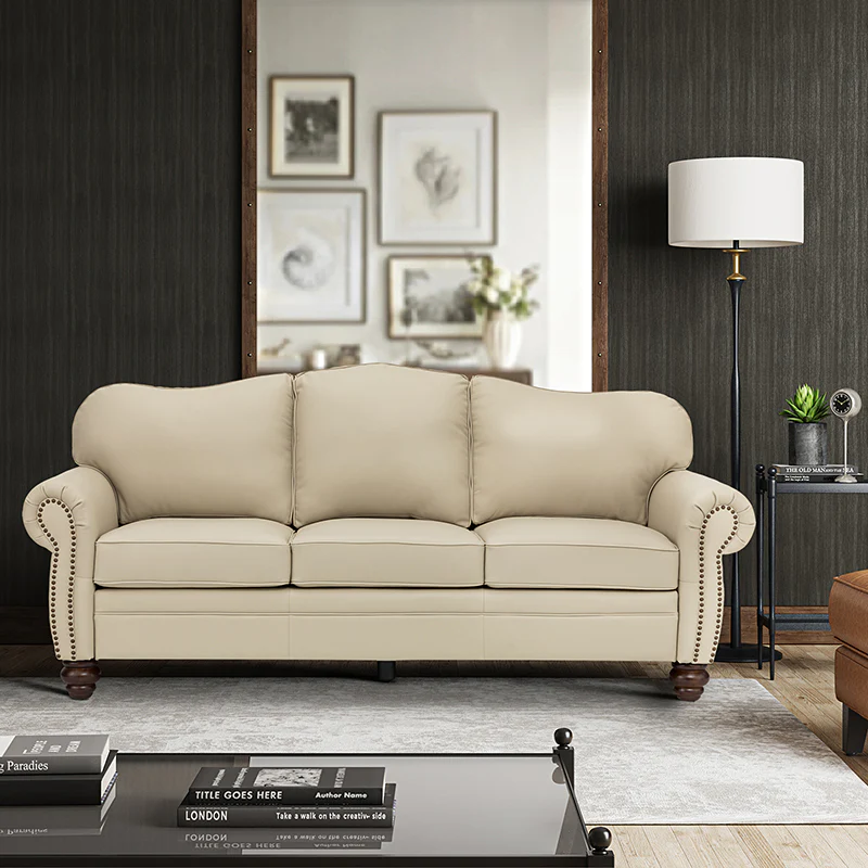 Flavio 81″ Genuine Leather Sofa – Vintage Glam Mid-Century Design - Image 26