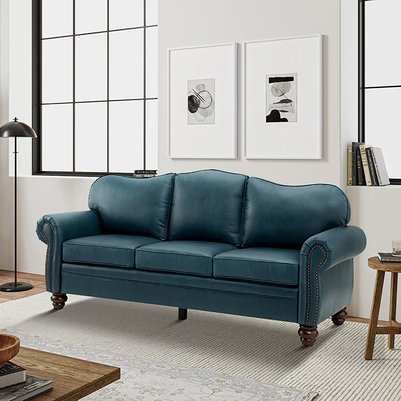 Flavio 81″ Genuine Leather Sofa – Vintage Glam Mid-Century Design - Image 33