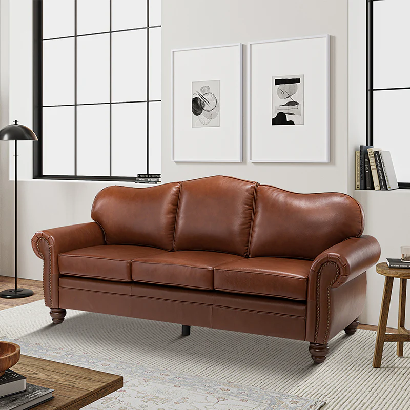 Flavio 81″ Genuine Leather Sofa – Vintage Glam Mid-Century Design - Image 50