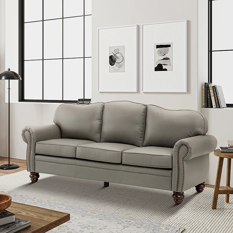 Flavio 81″ Genuine Leather Sofa – Vintage Glam Mid-Century Design - Image 58
