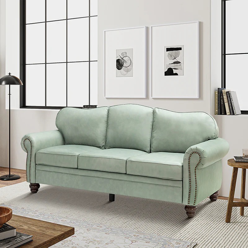 Flavio 81″ Genuine Leather Sofa – Vintage Glam Mid-Century Design - Image 9