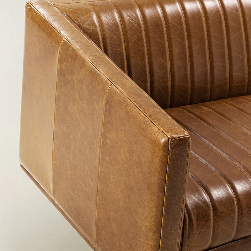 Gaia Mid-Century Genuine Leather Sofa with Vertical Channel Tufting - Image 10
