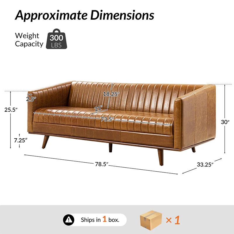 Gaia Mid-Century Genuine Leather Sofa with Vertical Channel Tufting - Image 3