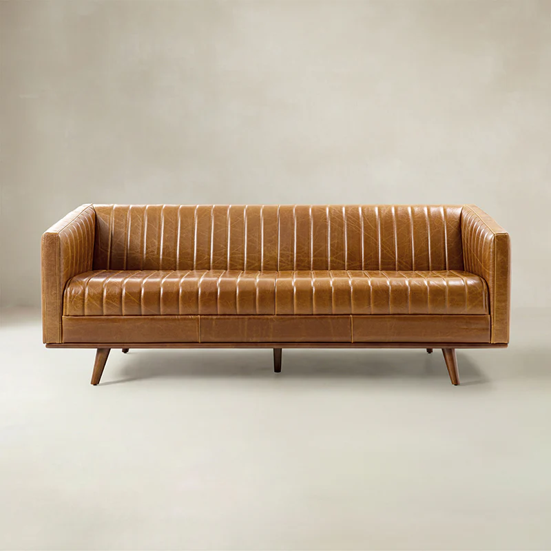 Gaia Mid-Century Genuine Leather Sofa with Vertical Channel Tufting - Image 4