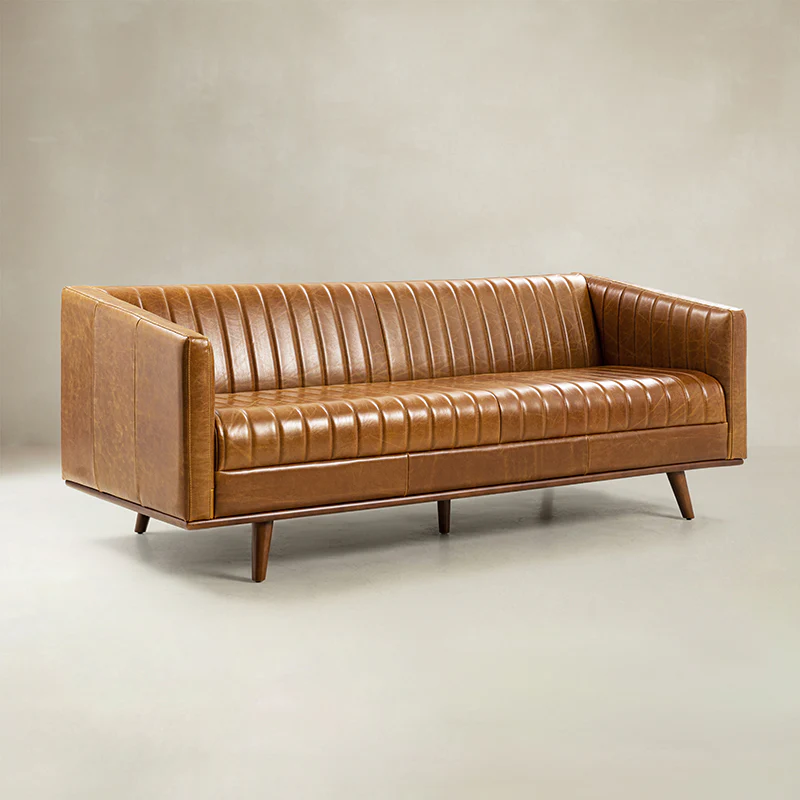 Gaia Mid-Century Genuine Leather Sofa with Vertical Channel Tufting - Image 5