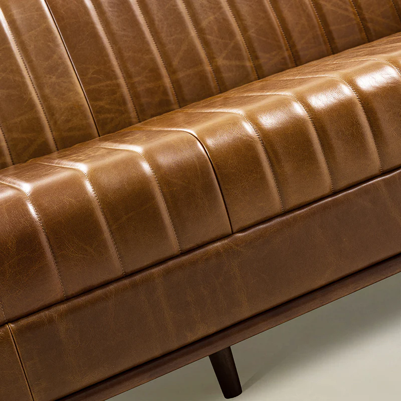 Gaia Mid-Century Genuine Leather Sofa with Vertical Channel Tufting - Image 8