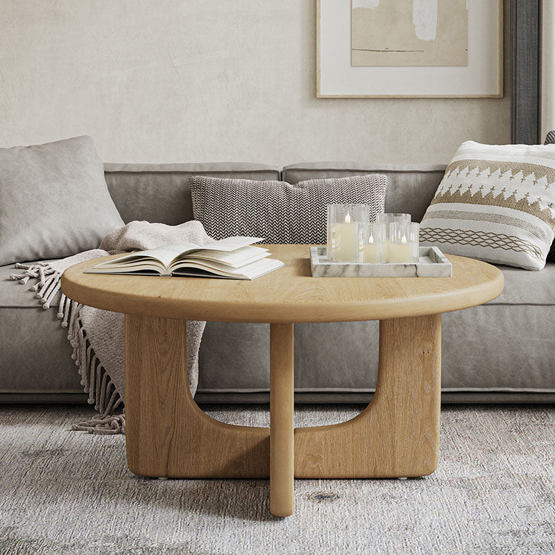 Gala Modern Round Coffee Table with Oak Veneer Top & Wood Legs - Image 2