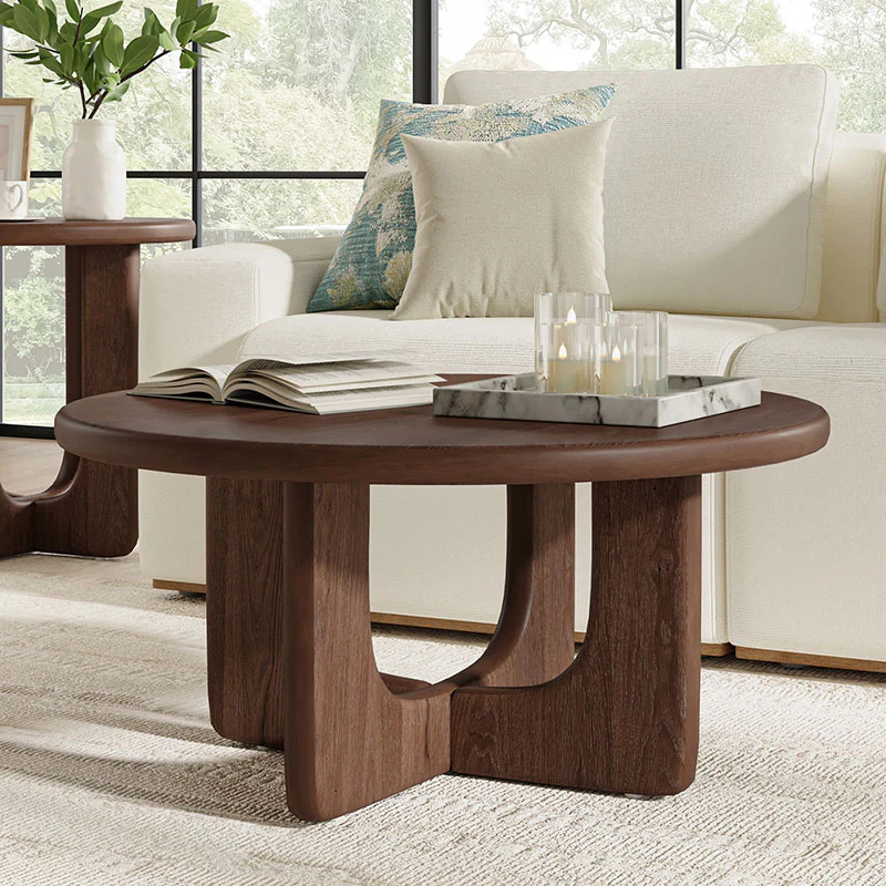 Gala Modern Round Coffee Table with Oak Veneer Top & Wood Legs - Image 9