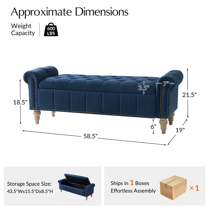 Gemma Classic Tufted Storage Bench with Nailhead Trim - Image 19