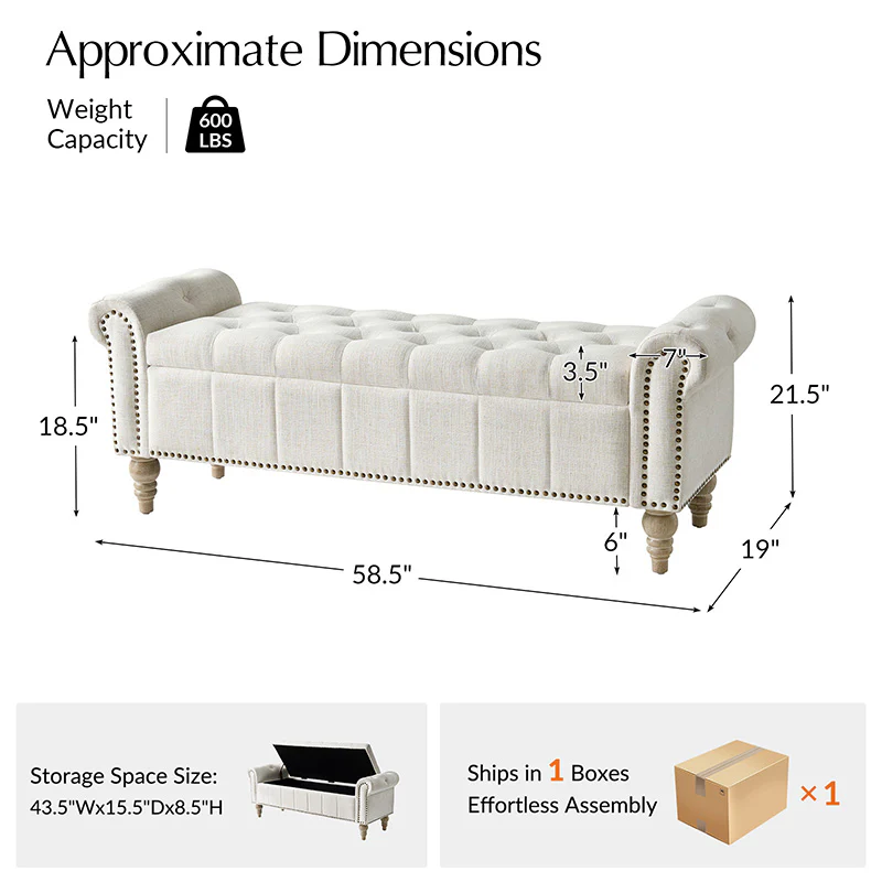 Gemma Classic Tufted Storage Bench with Nailhead Trim - Image 3