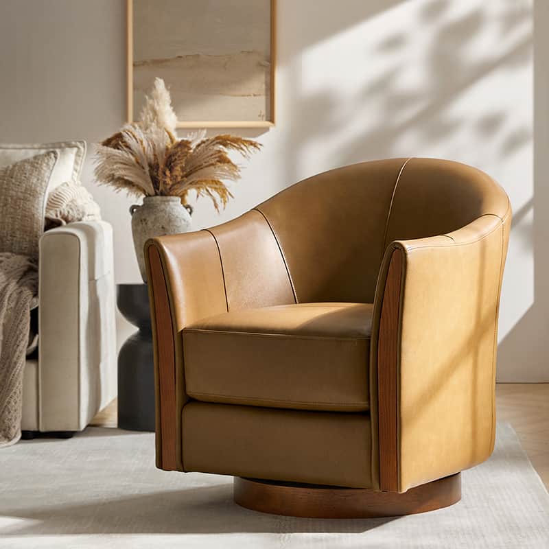 Clara Genuine Leather Swivel Barrel Chair With Solid Wood Base - Image 10