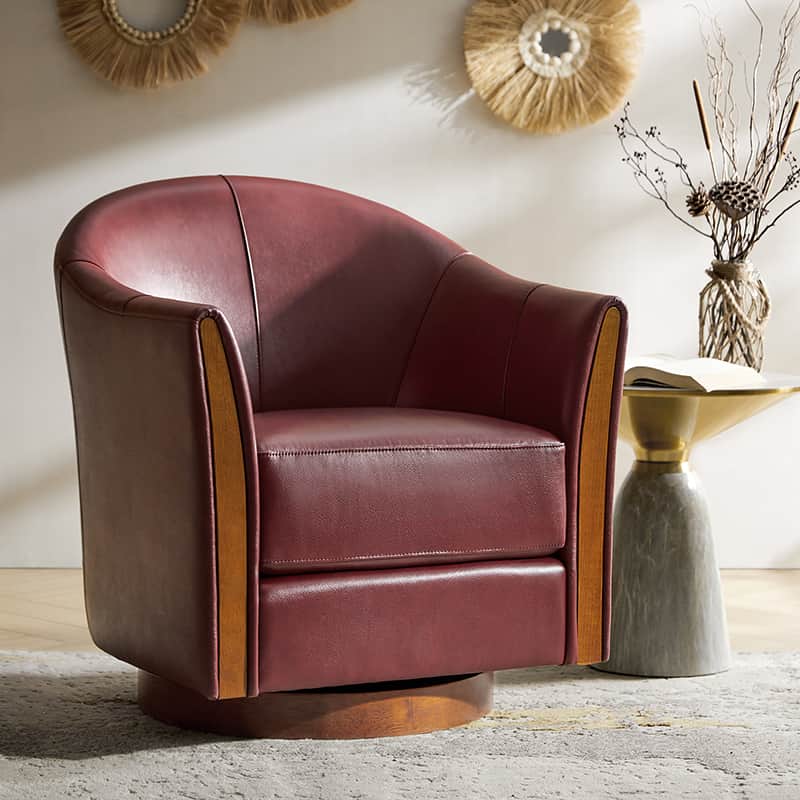 Clara Genuine Leather Swivel Barrel Chair With Solid Wood Base - Image 17