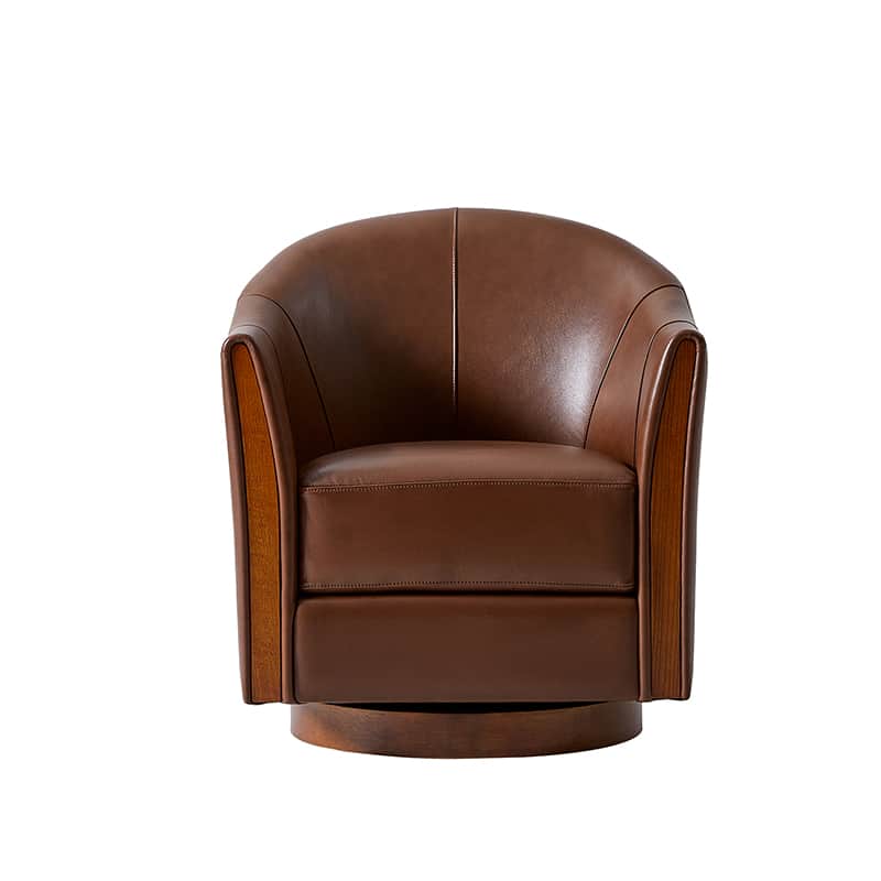 Clara Genuine Leather Swivel Barrel Chair With Solid Wood Base - Image 4