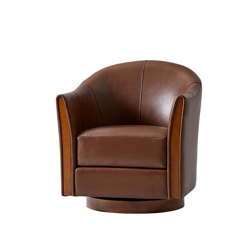 Clara Genuine Leather Swivel Barrel Chair With Solid Wood Base - Image 5