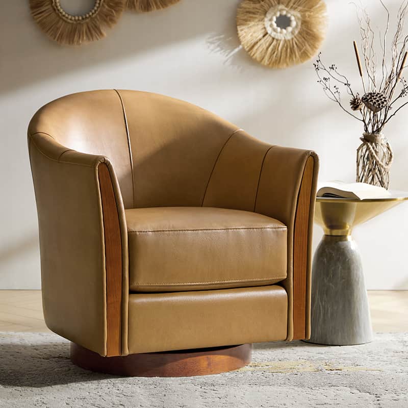Clara Genuine Leather Swivel Barrel Chair With Solid Wood Base - Image 9