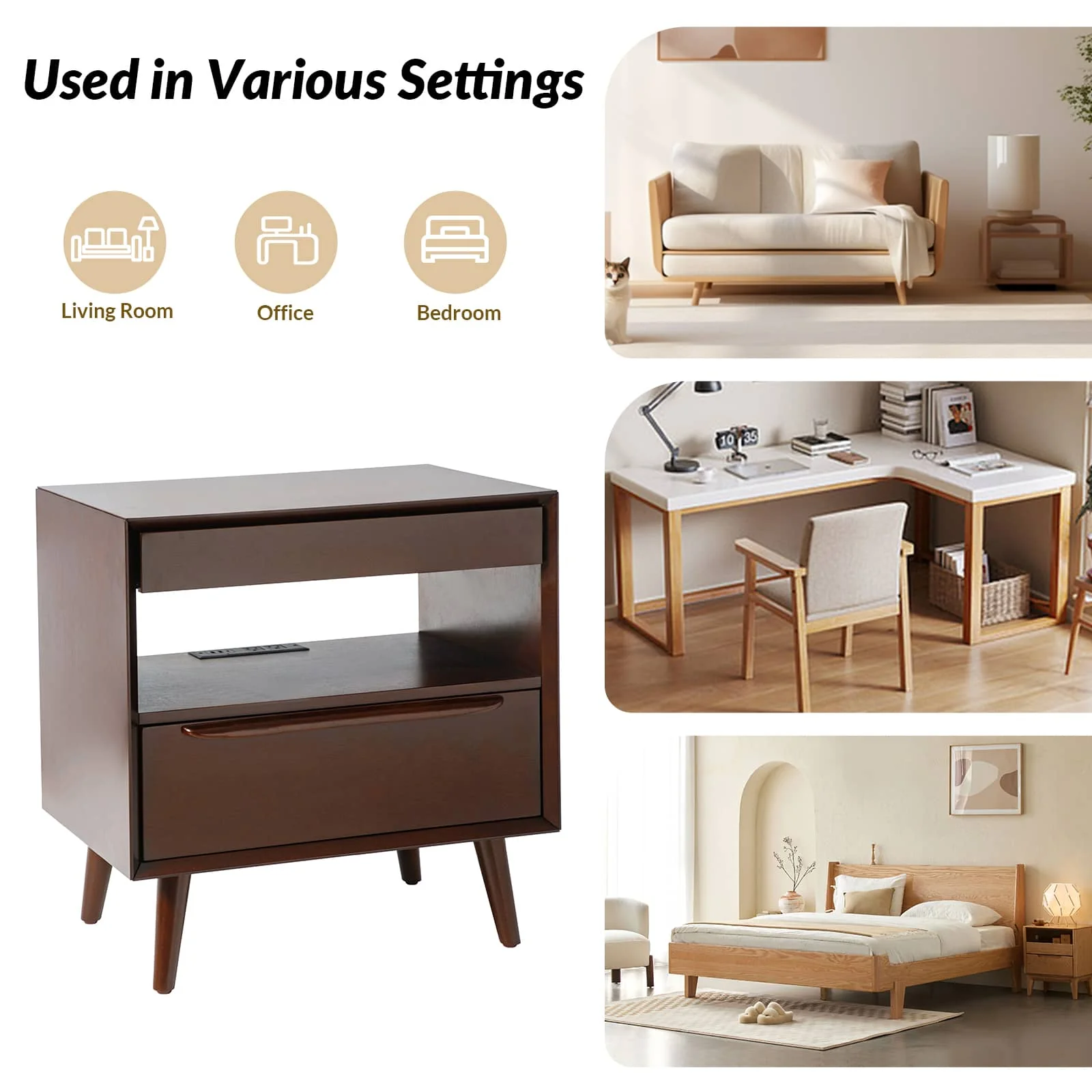 Giralda 2-Drawer Mid-century Modern End Table with Built-In Outlets(Optional Types) - Image 25