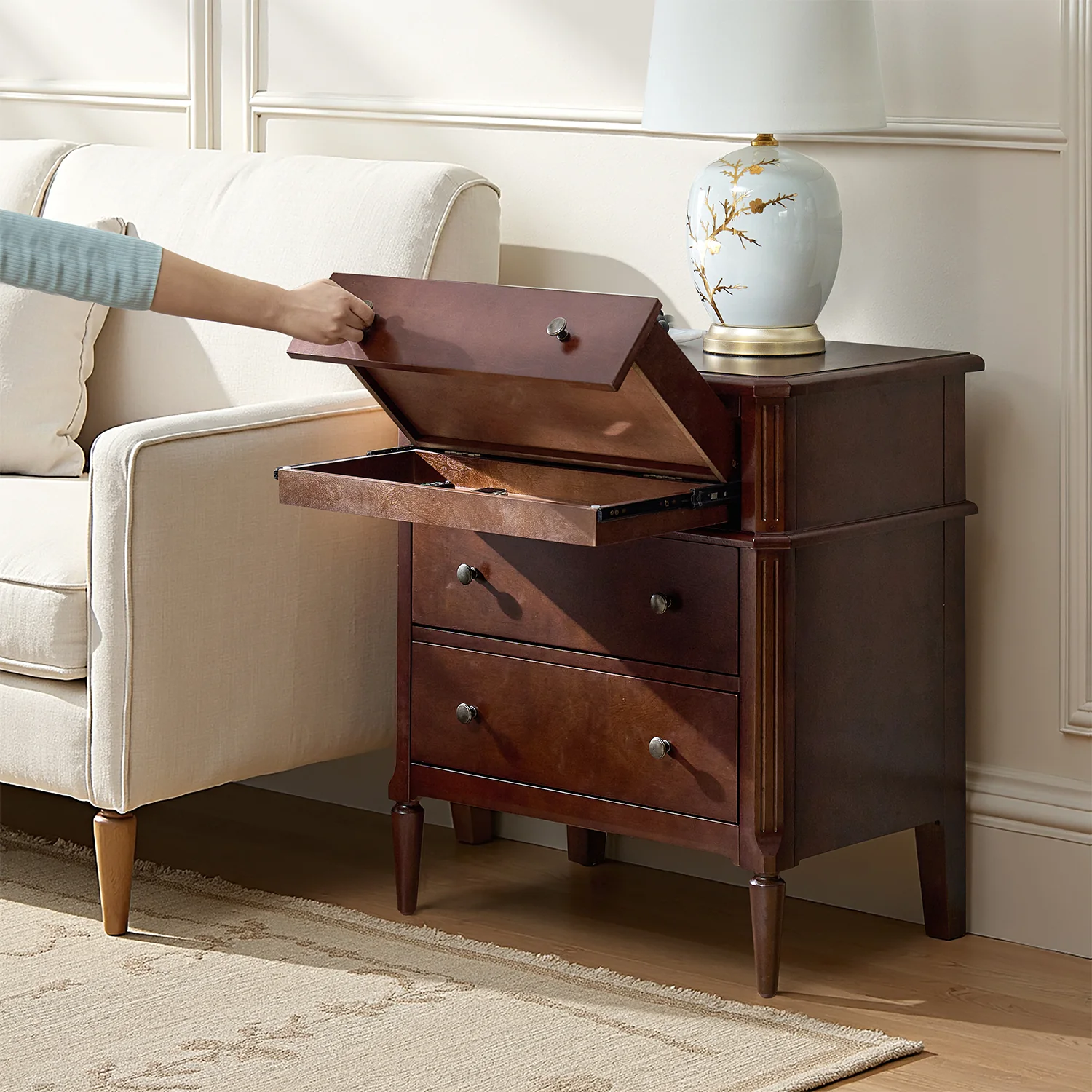 Griselda Transitional 3-Drawer End Table with Hidden Compartment, Pull-Out Tray & Power Outlet Solid Wood Elegance - Image 10