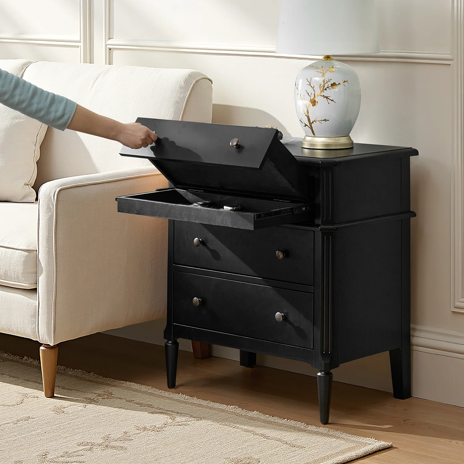 Griselda Transitional 3-Drawer End Table with Hidden Compartment, Pull-Out Tray & Power Outlet Solid Wood Elegance - Image 18