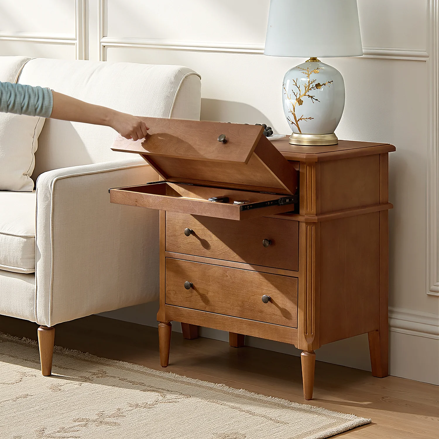 Griselda Transitional 3-Drawer End Table with Hidden Compartment, Pull-Out Tray & Power Outlet Solid Wood Elegance - Image 2