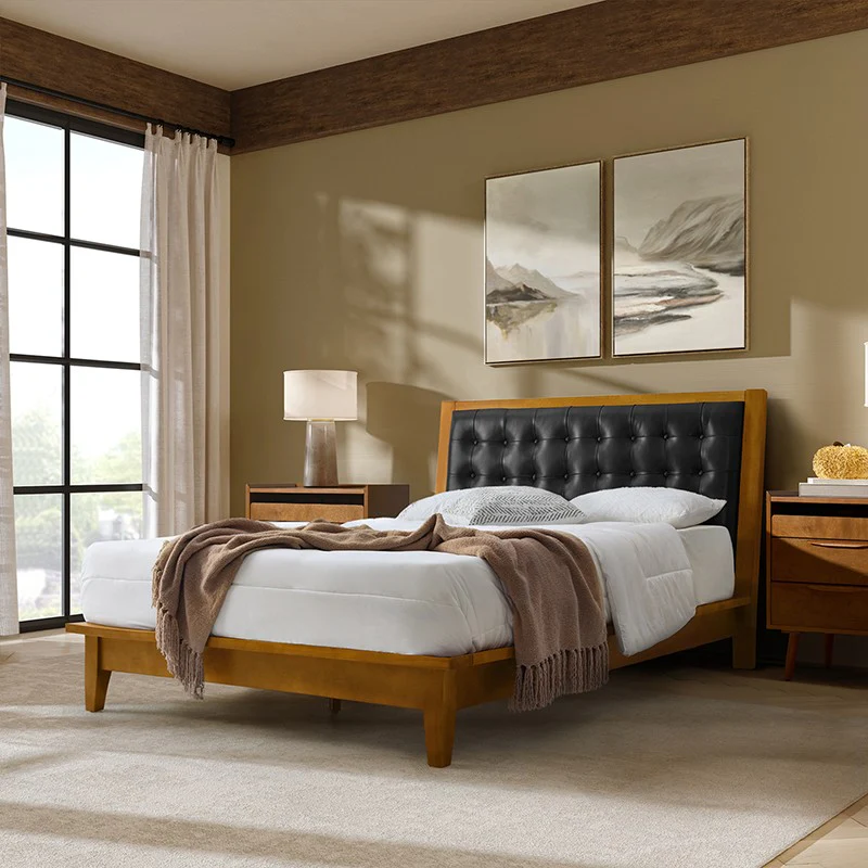 Herme Genuine Leather Solid Wood Platform Bed with Charging Ports - Image 10
