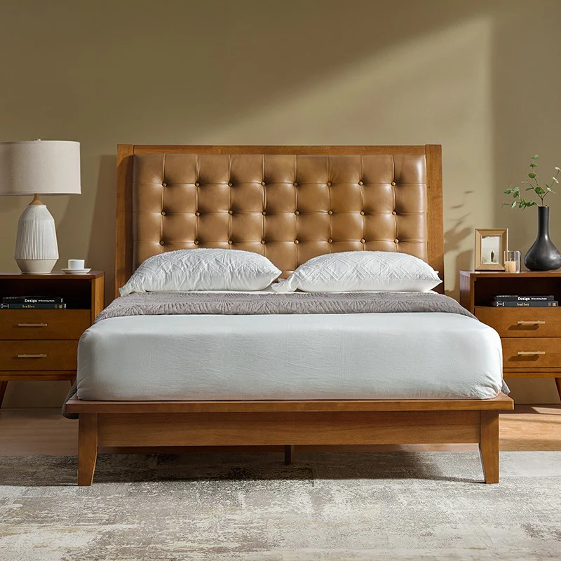 Herme Genuine Leather Solid Wood Platform Bed with Charging Ports - Image 17