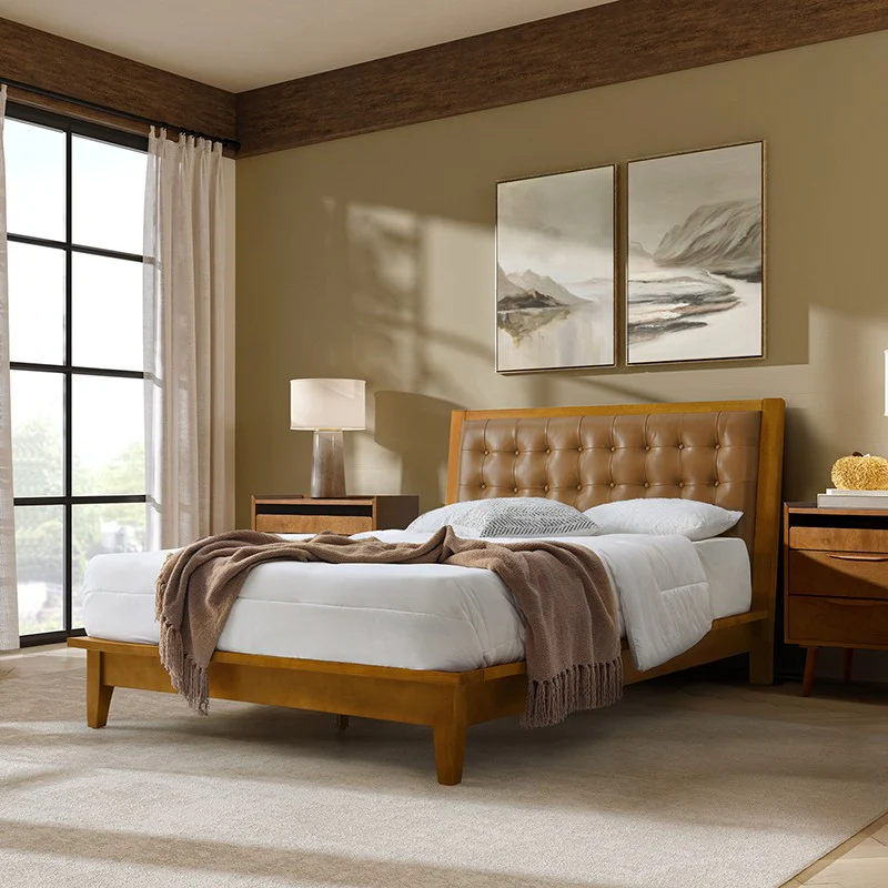 Herme Genuine Leather Solid Wood Platform Bed with Charging Ports - Image 26