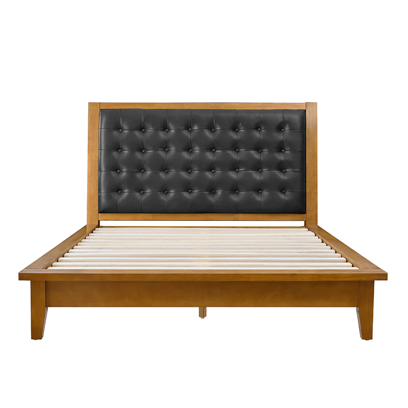 Herme Genuine Leather Solid Wood Platform Bed with Charging Ports - Image 4