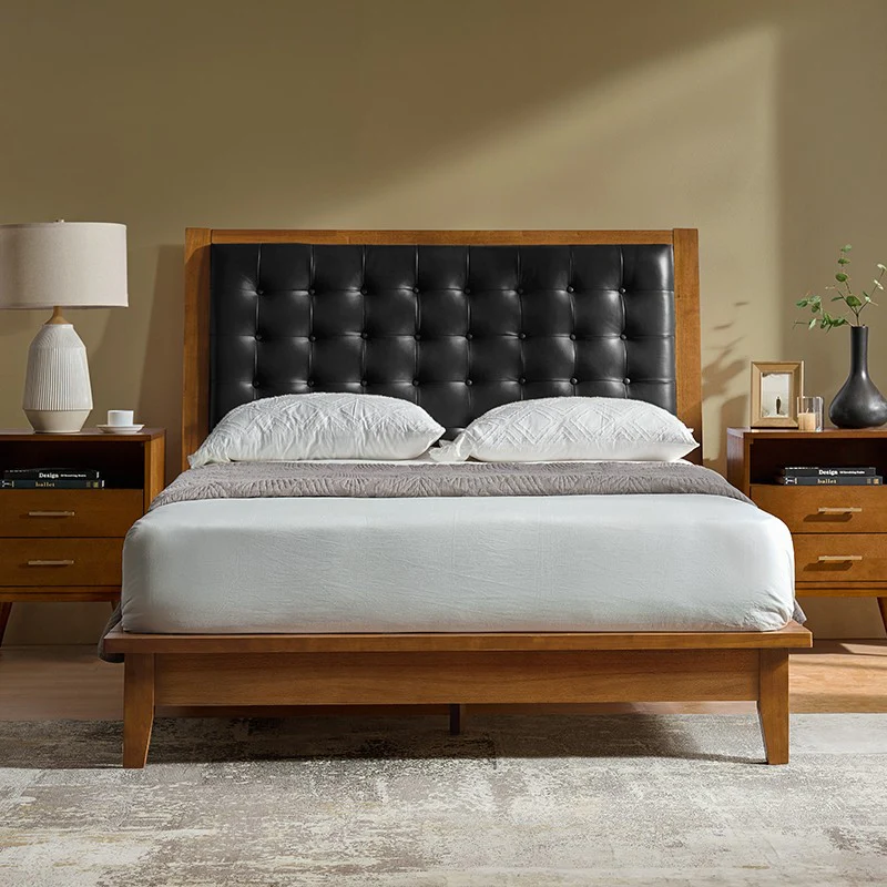 Herme Genuine Leather Solid Wood Platform Bed with Charging Ports - Image 9