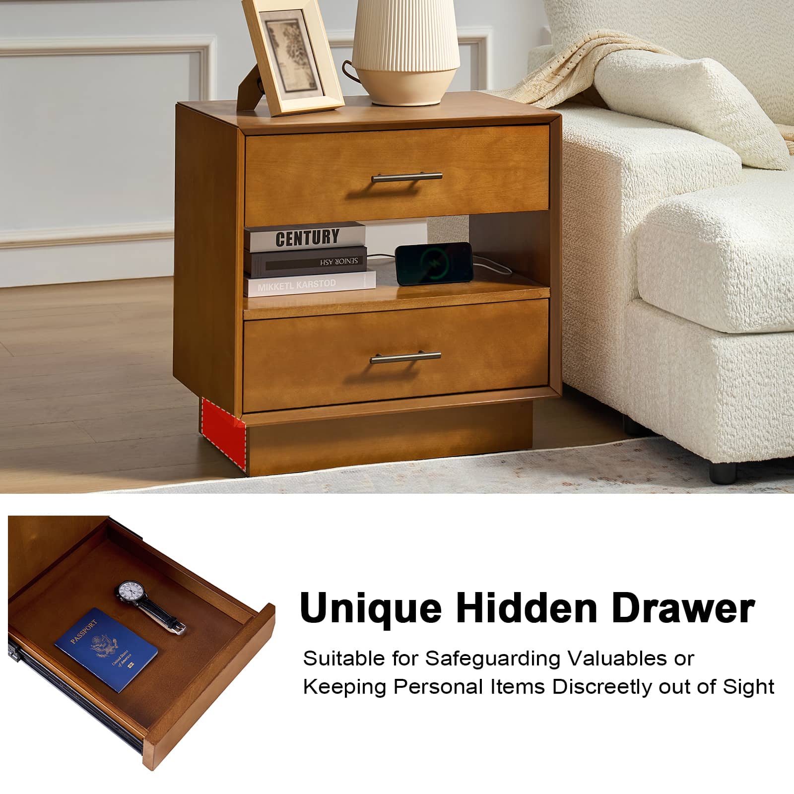 Yoel Hidden Drawer Nightstand with Built-in Outlets(Optional Types) - Image 21