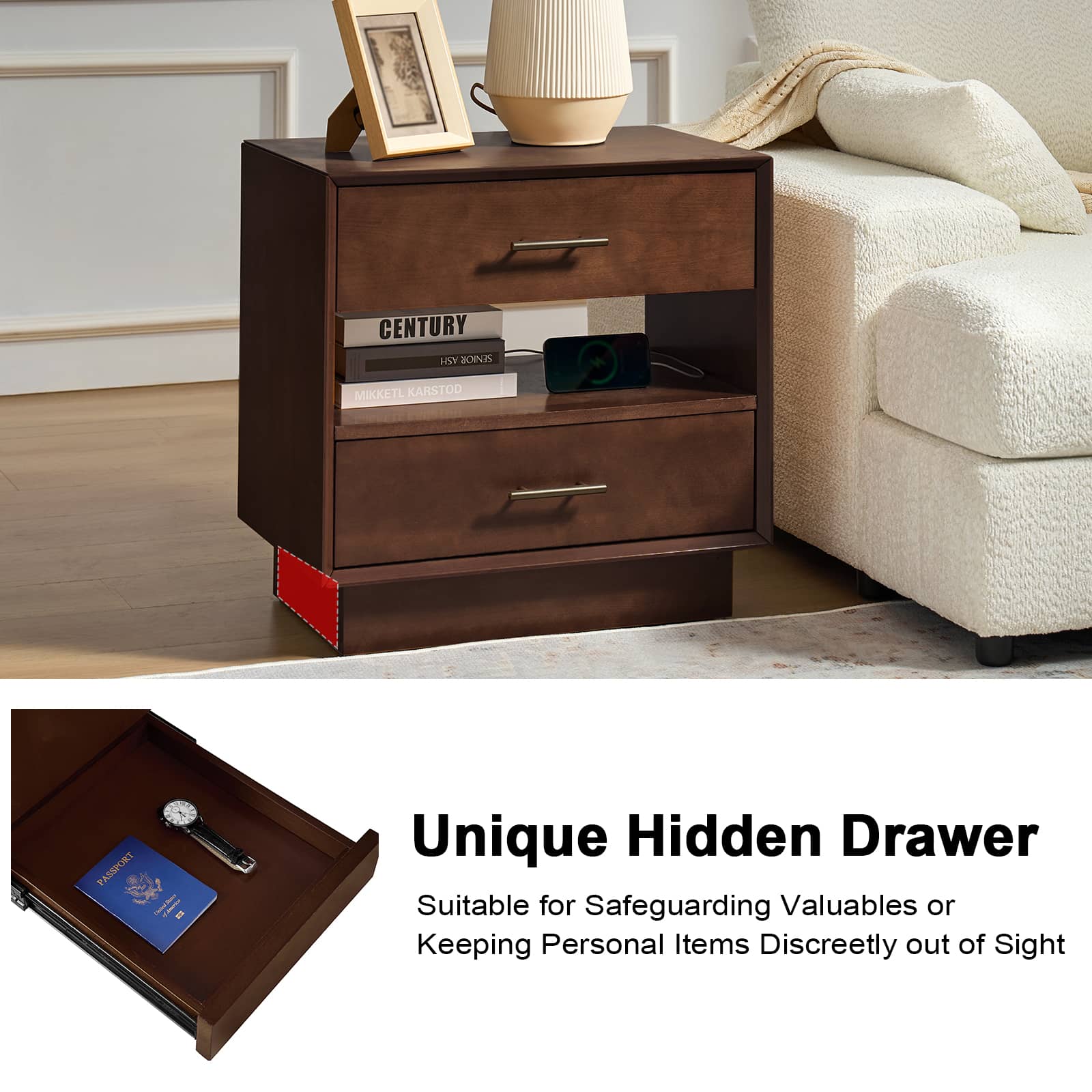 Yoel Hidden Drawer Nightstand with Built-in Outlets(Optional Types) - Image 28