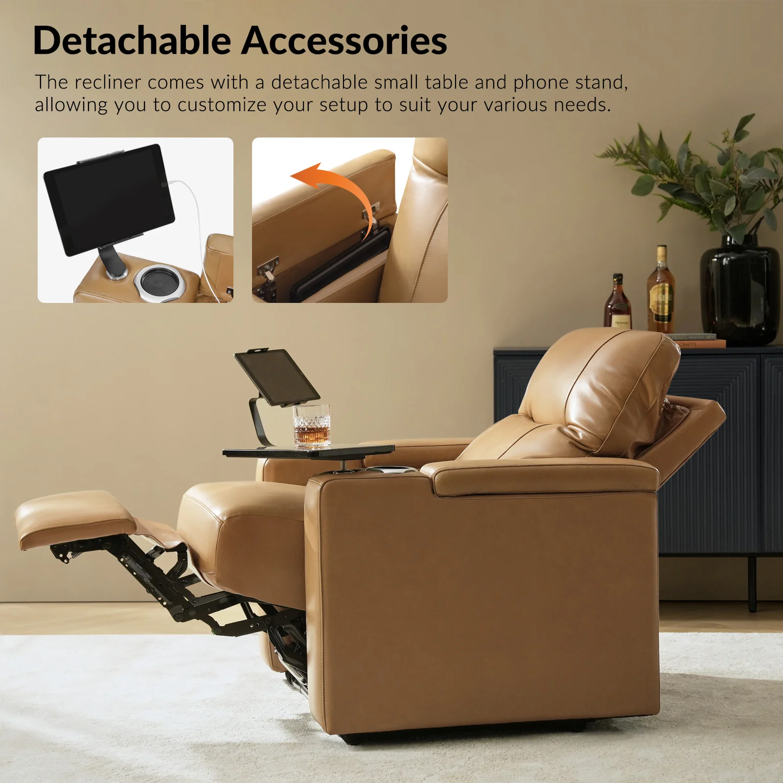 Iliana Electric Genuine Leather Recliner with Small Table and Phone Holder - Image 9