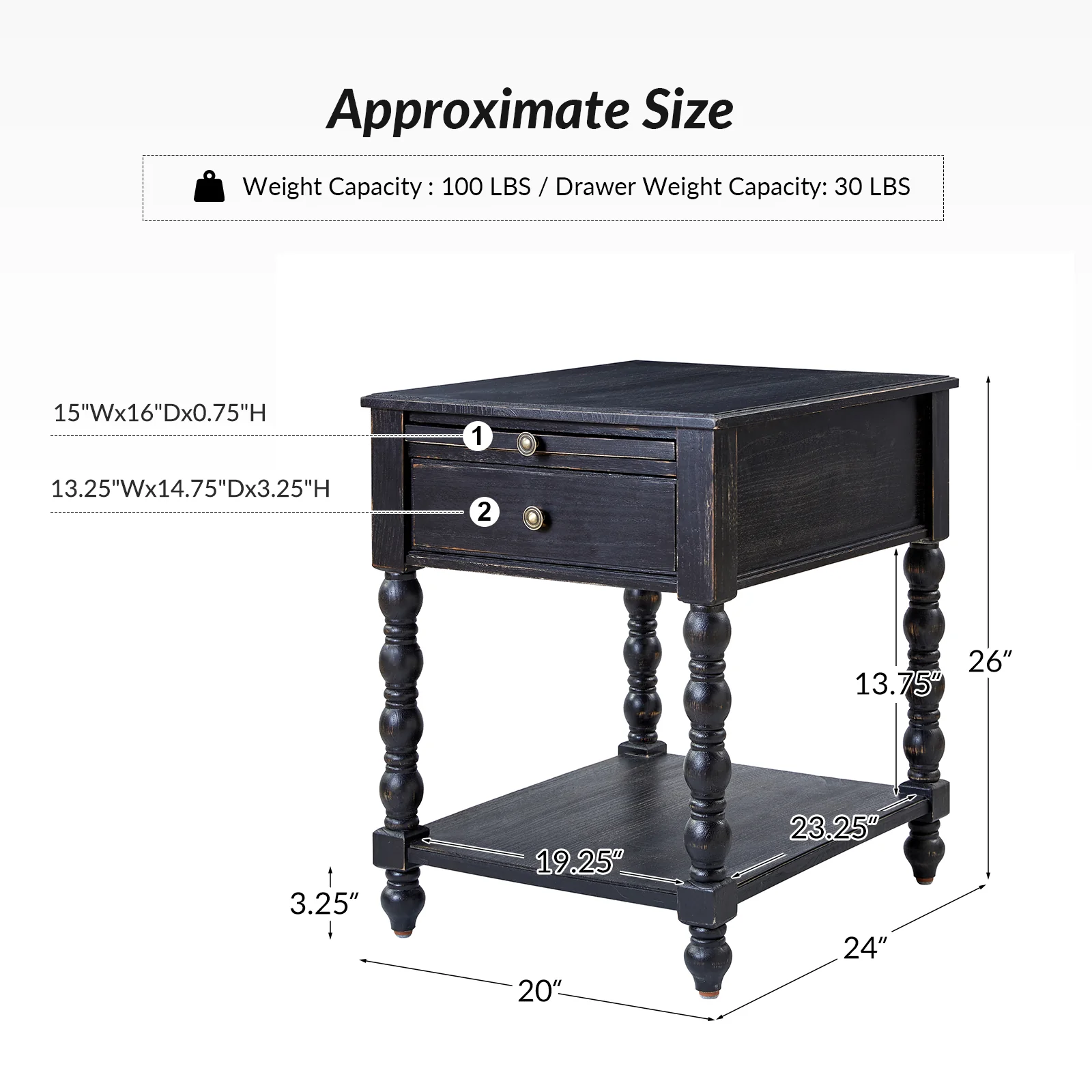 Ira 26" Tall Farmhouse Solid Wood End Table with Built-in Charging Outlets(Optional Types) - Image 11