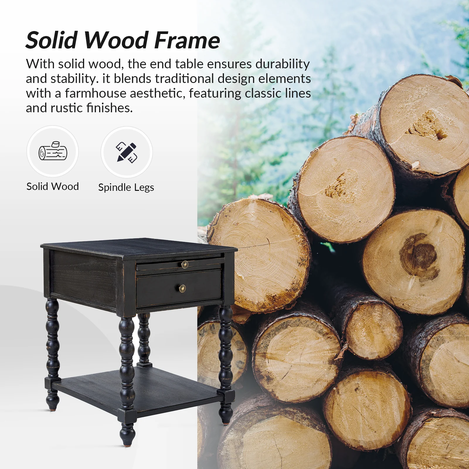 Ira 26" Tall Farmhouse Solid Wood End Table with Built-in Charging Outlets(Optional Types) - Image 13