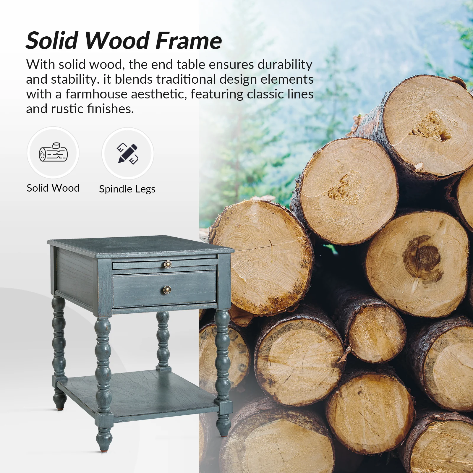 Ira 26" Tall Farmhouse Solid Wood End Table with Built-in Charging Outlets(Optional Types) - Image 20