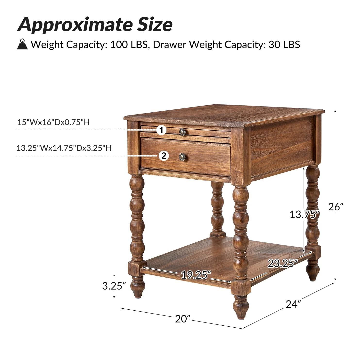 Ira 26" Tall Farmhouse Solid Wood End Table with Built-in Charging Outlets(Optional Types) - Image 23