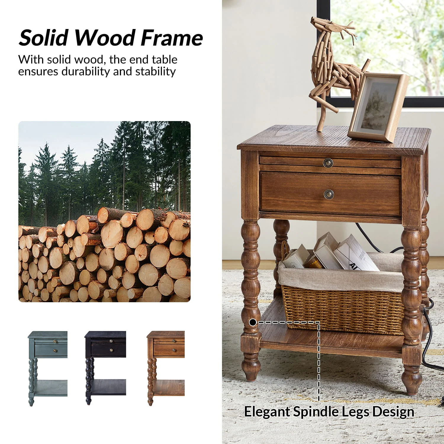 Ira 26" Tall Farmhouse Solid Wood End Table with Built-in Charging Outlets(Optional Types) - Image 25