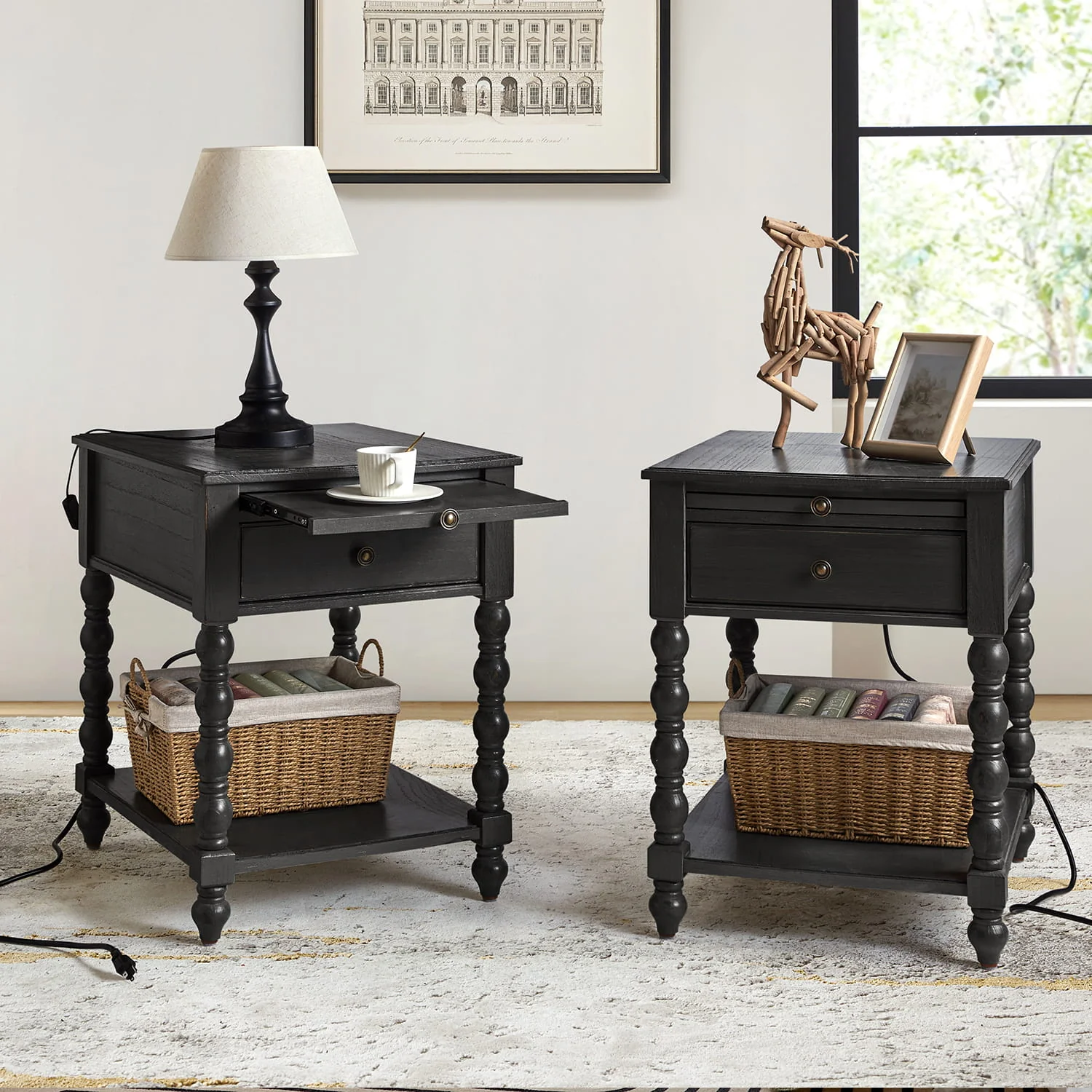 Ira 26" Tall Farmhouse Solid Wood End Table with Built-in Charging Outlets(Optional Types) - Image 27