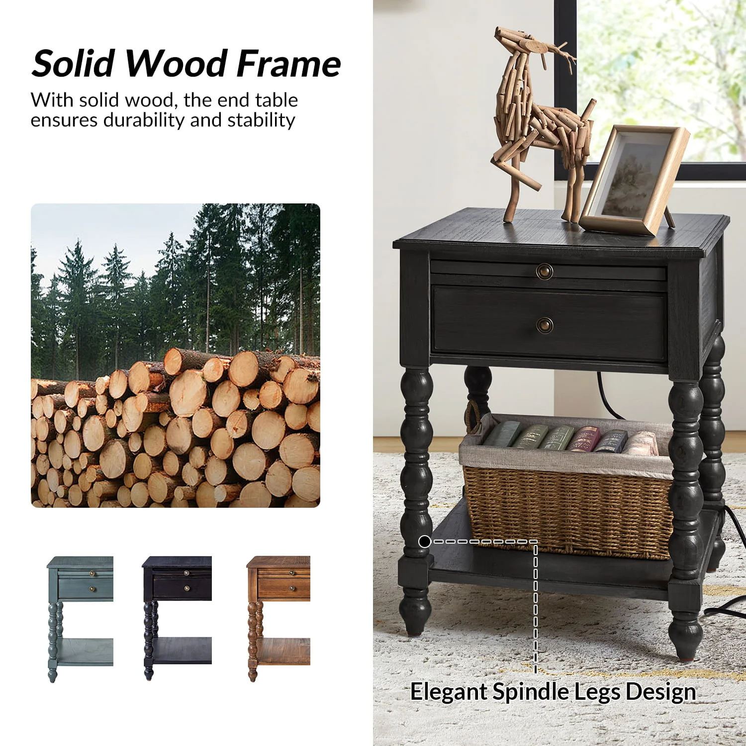 Ira 26" Tall Farmhouse Solid Wood End Table with Built-in Charging Outlets(Optional Types) - Image 32