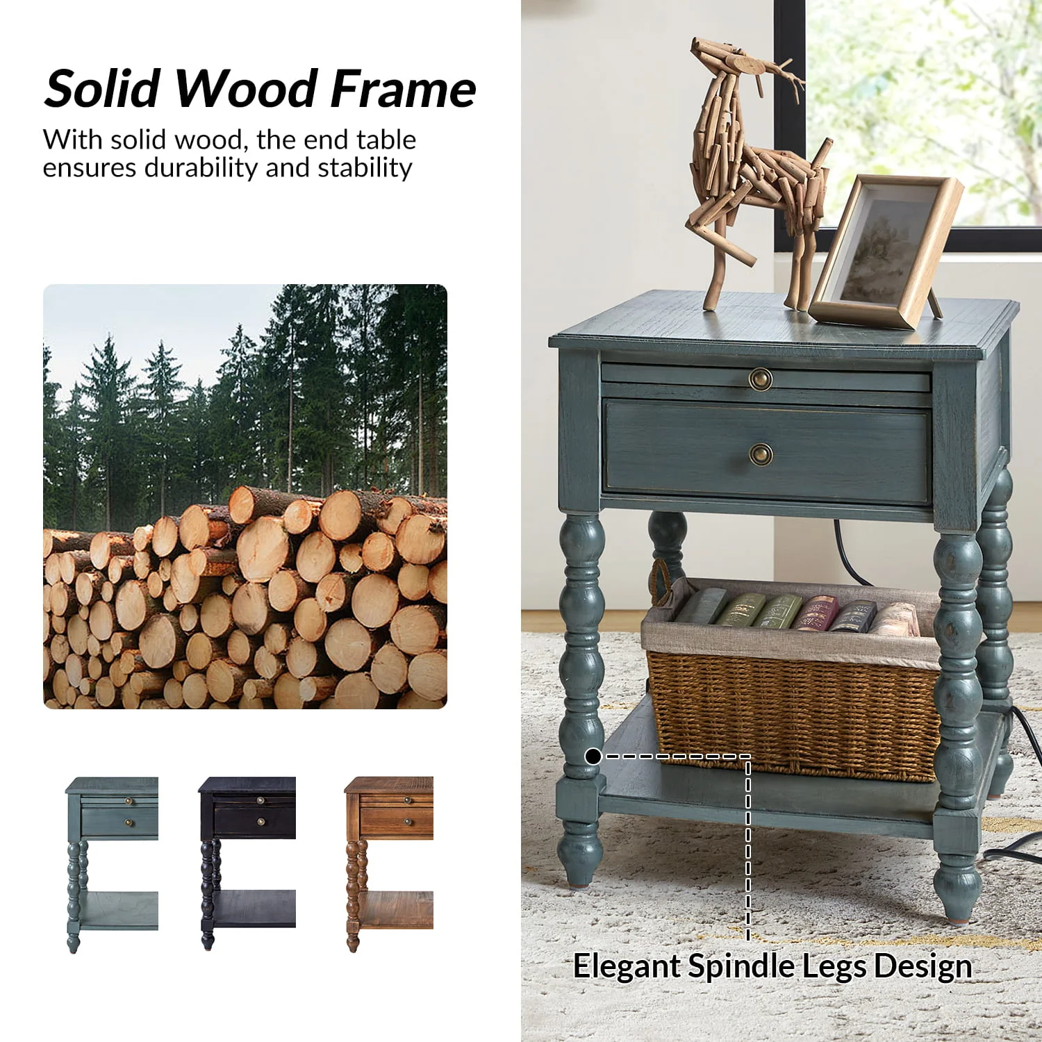 Ira 26" Tall Farmhouse Solid Wood End Table with Built-in Charging Outlets(Optional Types) - Image 37