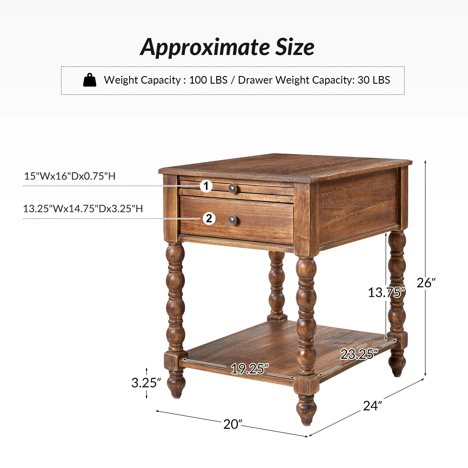 Ira 26" Tall Farmhouse Solid Wood End Table with Built-in Charging Outlets(Optional Types) - Image 4