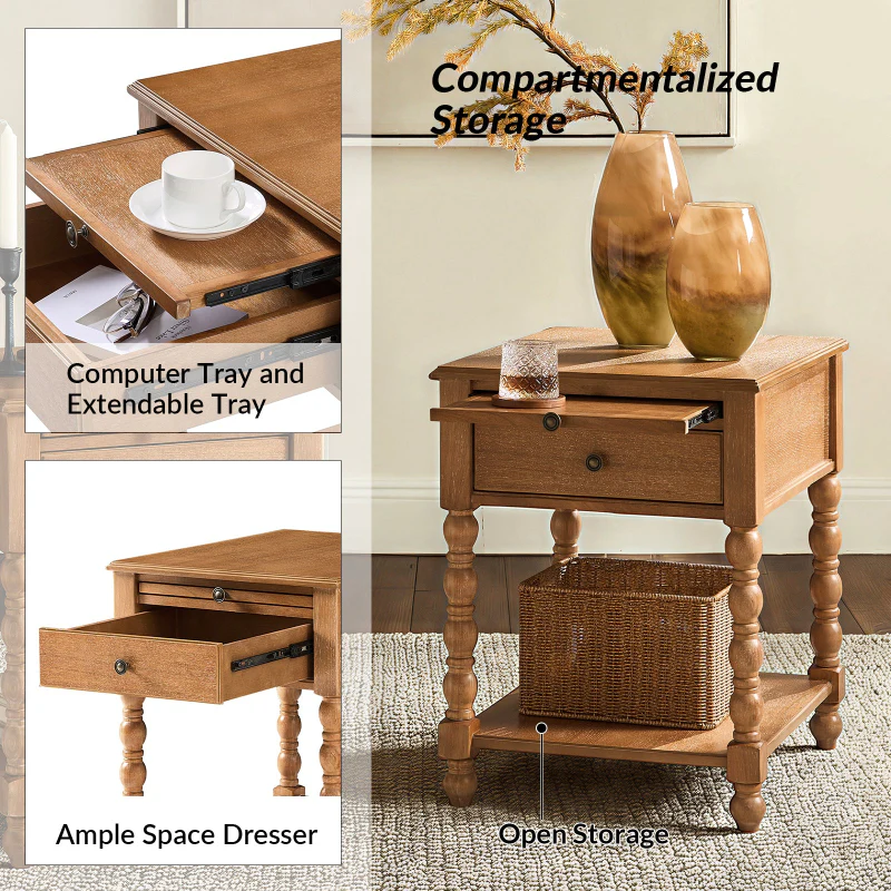 Ira 26" Tall Farmhouse Solid Wood End Table with Built-in Charging Outlets(Optional Types) - Image 50