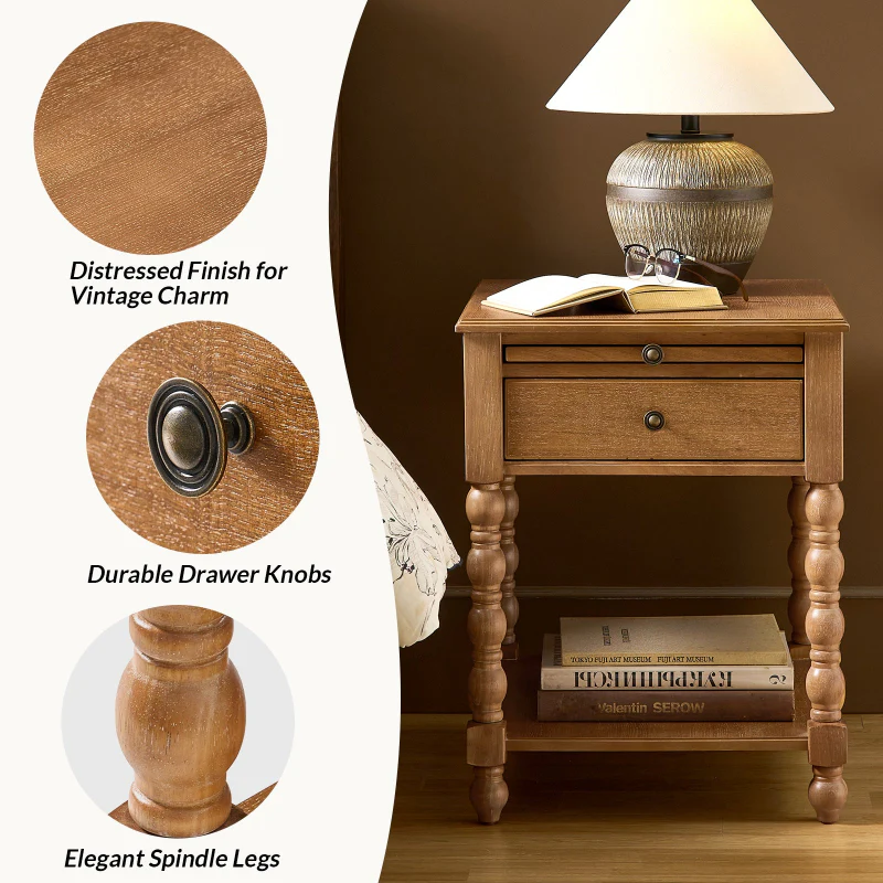 Ira 26" Tall Farmhouse Solid Wood End Table with Built-in Charging Outlets(Optional Types) - Image 51