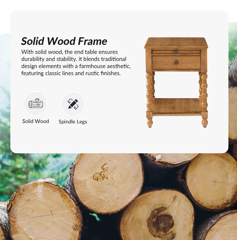 Ira 26" Tall Farmhouse Solid Wood End Table with Built-in Charging Outlets(Optional Types) - Image 52
