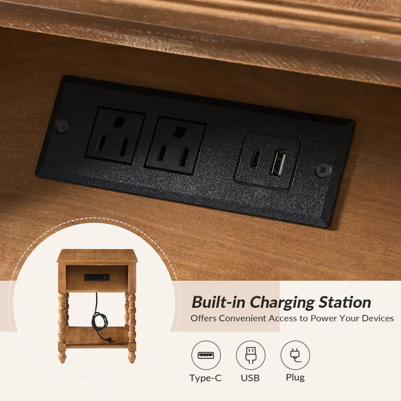 Ira 26" Tall Farmhouse Solid Wood End Table with Built-in Charging Outlets(Optional Types) - Image 53