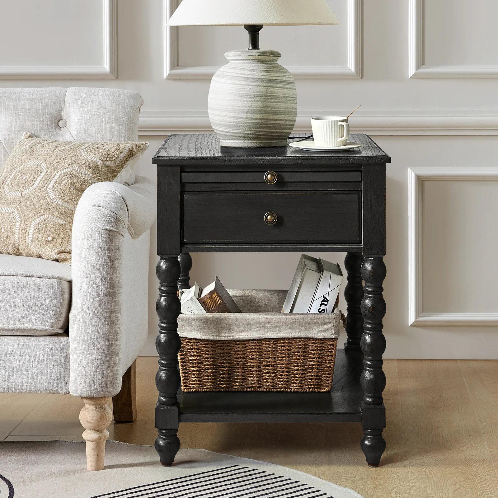 Ira 26" Tall Farmhouse Solid Wood End Table with Built-in Charging Outlets(Optional Types) - Image 8