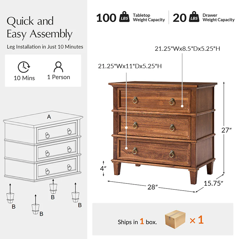 Jules Classic Solid Wood 3-Drawer End Table with USB Ports - Image 11