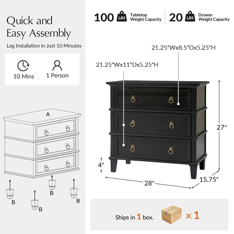 Jules Classic Solid Wood 3-Drawer End Table with USB Ports - Image 19
