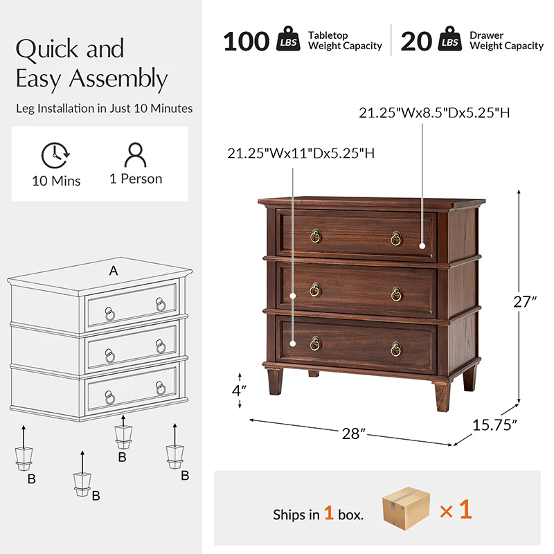 Jules Classic Solid Wood 3-Drawer End Table with USB Ports - Image 3