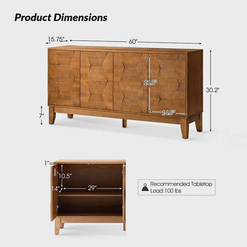 Kamu 60″ Wood Sideboard – Mid-Century Modern Storage Cabinet - Image 27